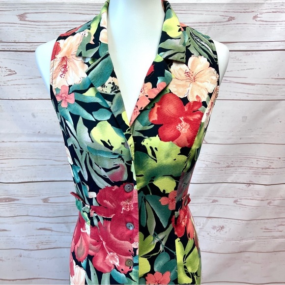 Vintage 90’s Y2K Tropical Floral Hawaiian Rose Button Front Open Back Maxi Dress - Picture 2 of 10